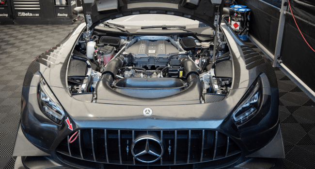 Detail of the engine of a Mercedes-Benz AMG GT4 in Charleston, SC.
